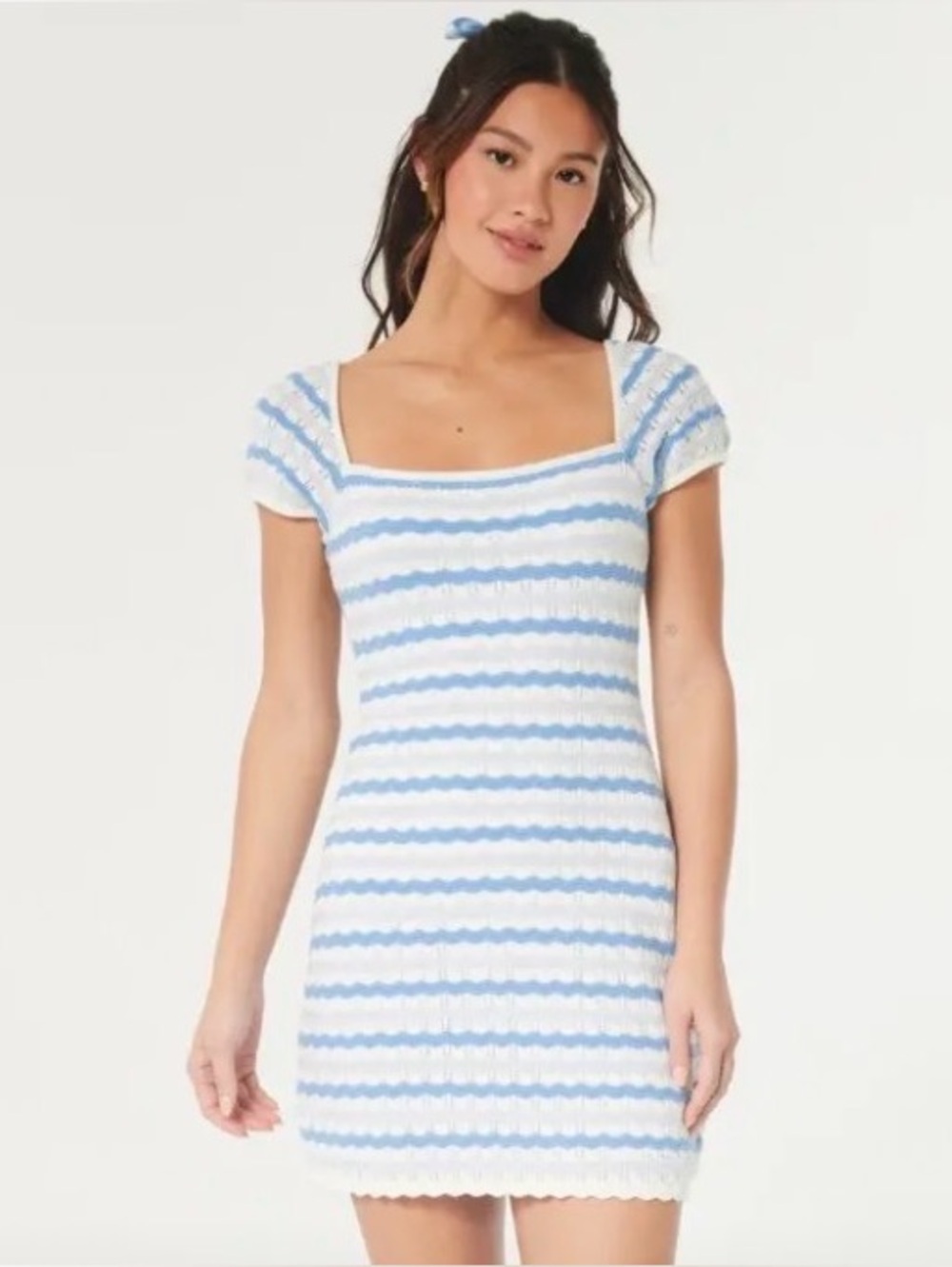 Hollister Blue & White Striped Crochet Knit Mini Dress Medium